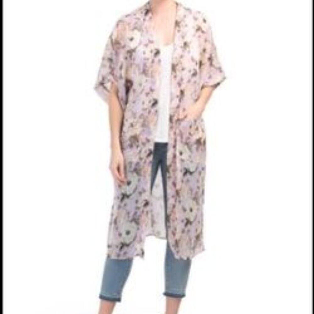 Steve Madden Purple Floral Chiffon Sheer Open Front Kimono Duster Pockets OSFM